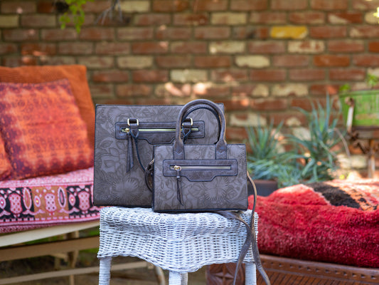 SARAH Hibiscus Tooled Vegan Leather 2 in 1 Tote with Matching Mini Satchel Set