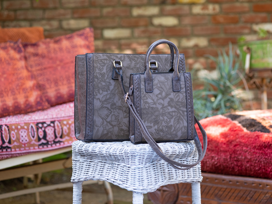 OLIVIA 2 in 1 Hibiscus Tooled Vegan Leather Tote with Mini Satchel Set